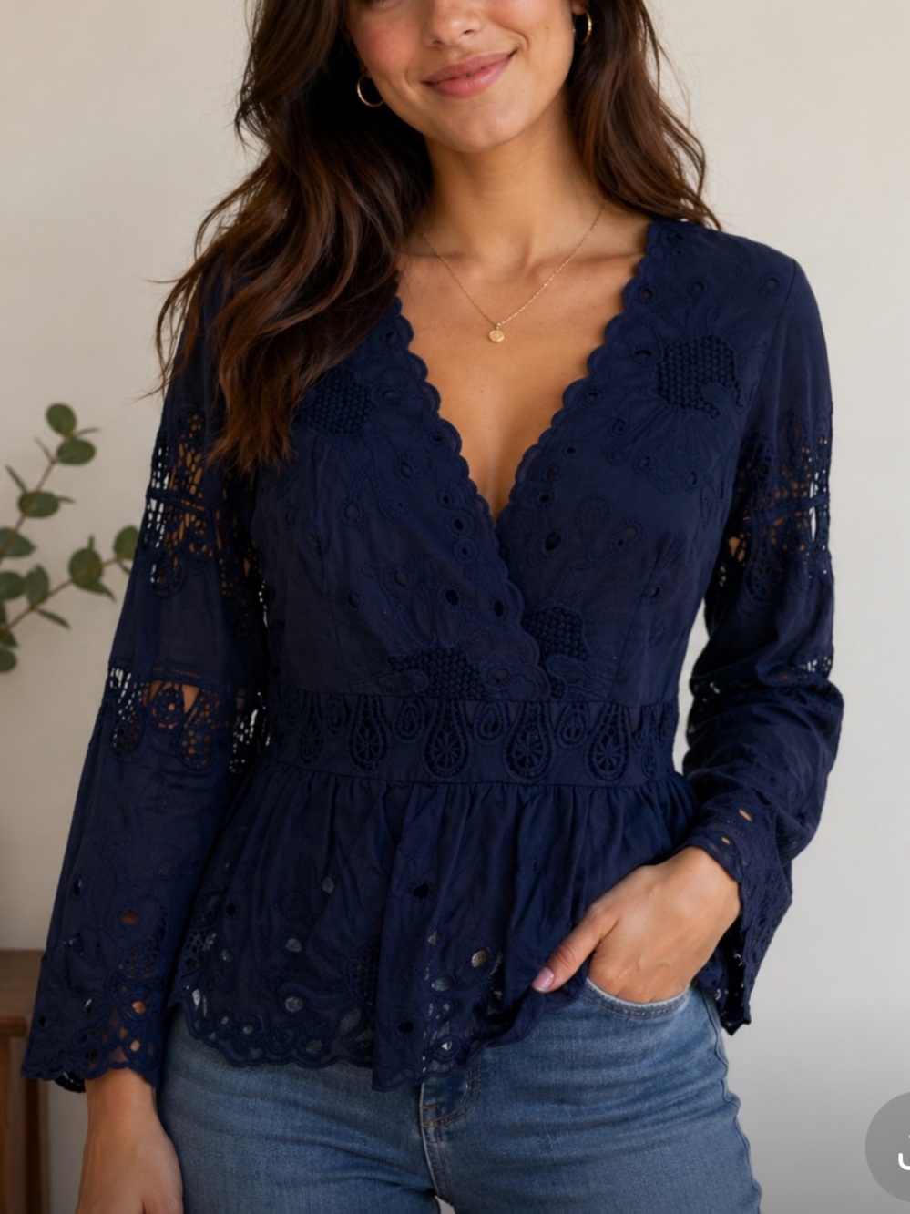 Sail To Sable Dark Blue V-neck  Eyelet Blouse NWT Size M